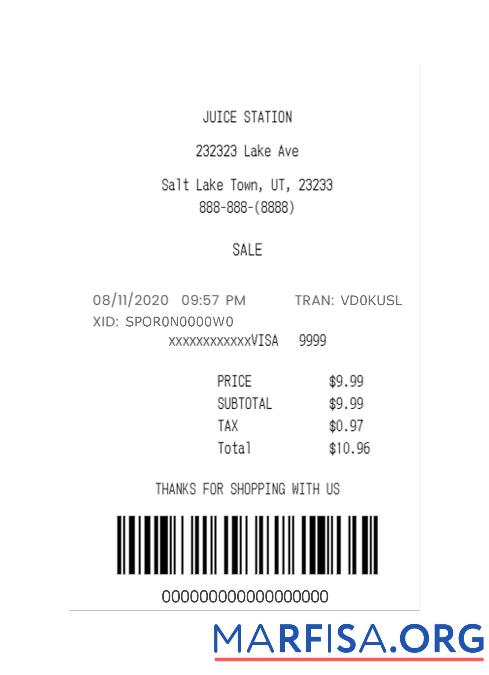 Printable JUICE STATION payment check template